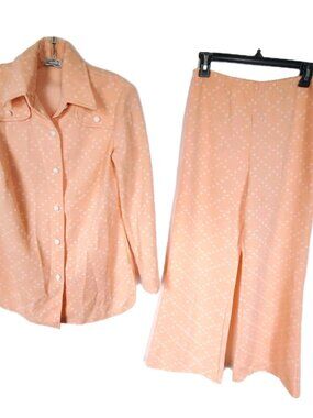 VTG Melwine Of Miami 1970s Disco Pant Set Peach Diamond Print Polyester Sz S/M